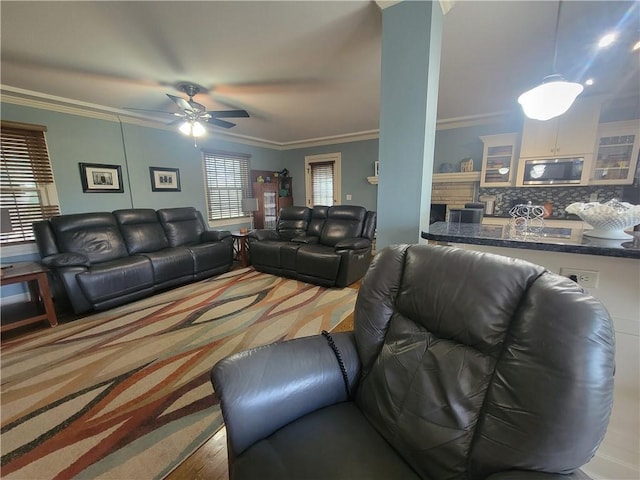 19823 74th St, Mclouth, KS 66054 - living area with crown molding and a ceiling fan