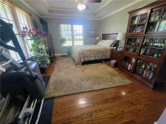 19823 74th St, Mclouth, KS 66054 - bedroom featuring multiple windows, a tray ceiling, wood finished floors, ornamental molding, and ceiling fan