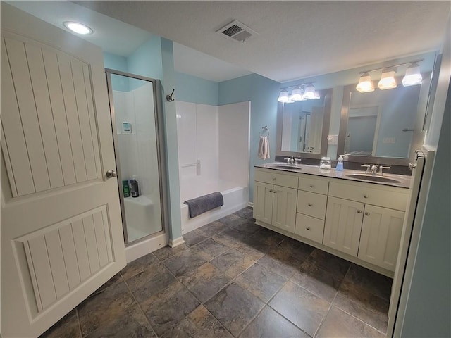 19823 74th St, Mclouth, KS 66054 - full bath featuring a stall shower, double vanity, stone tile flooring, and a bathtub