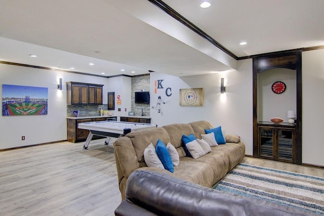 16324 S Locust St, Olathe, KS 66062 - living room featuring ornamental molding, light wood-style floors, and recessed lighting