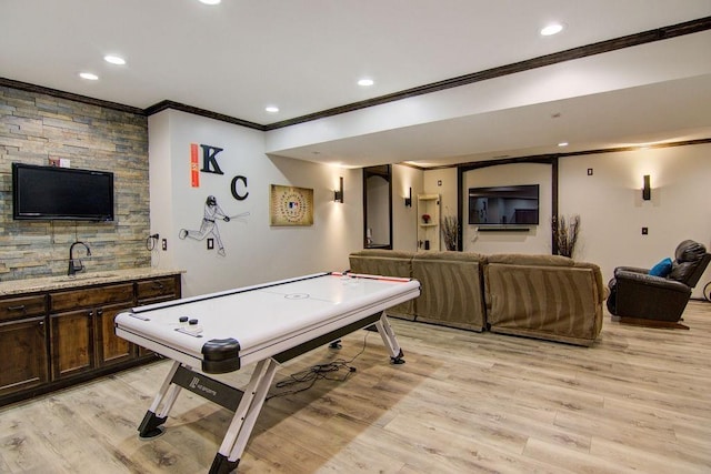 16324 S Locust St, Olathe, KS 66062 - game room featuring crown molding, light wood-style flooring, and recessed lighting