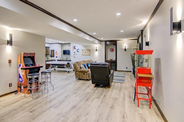 16324 S Locust St, Olathe, KS 66062 - living area with ornamental molding, light wood-type flooring, and recessed lighting