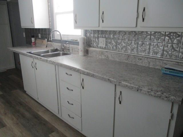 kitchen with sink, white cabinetry, dark hardwood / wood-style floors, and decorative backsplash