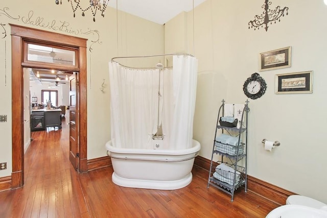 bathroom with hardwood / wood-style floors and vanity