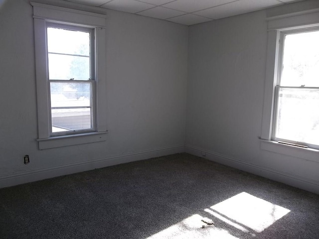 carpeted spare room with a healthy amount of sunlight and a drop ceiling