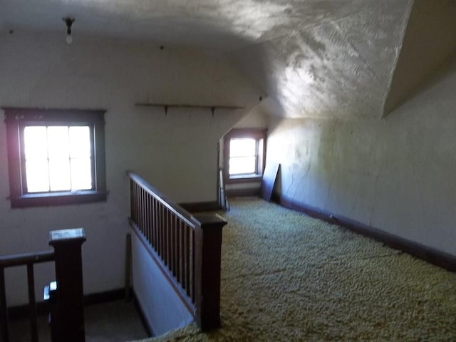 stairway featuring carpet flooring and vaulted ceiling