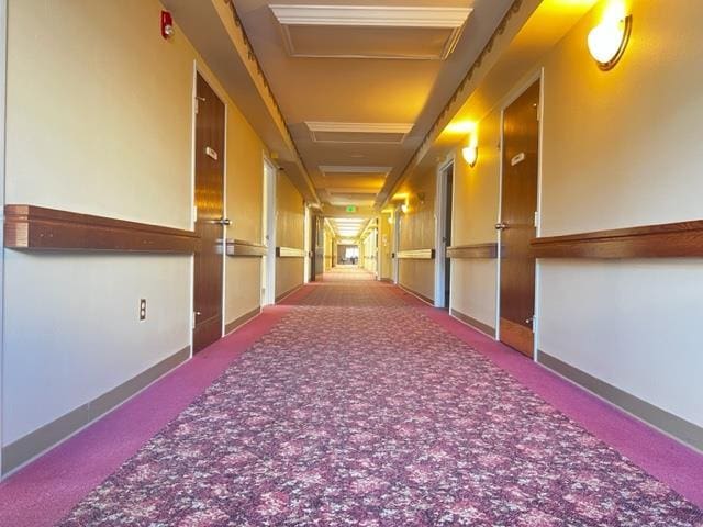 hallway featuring attic access, baseboards, and carpet