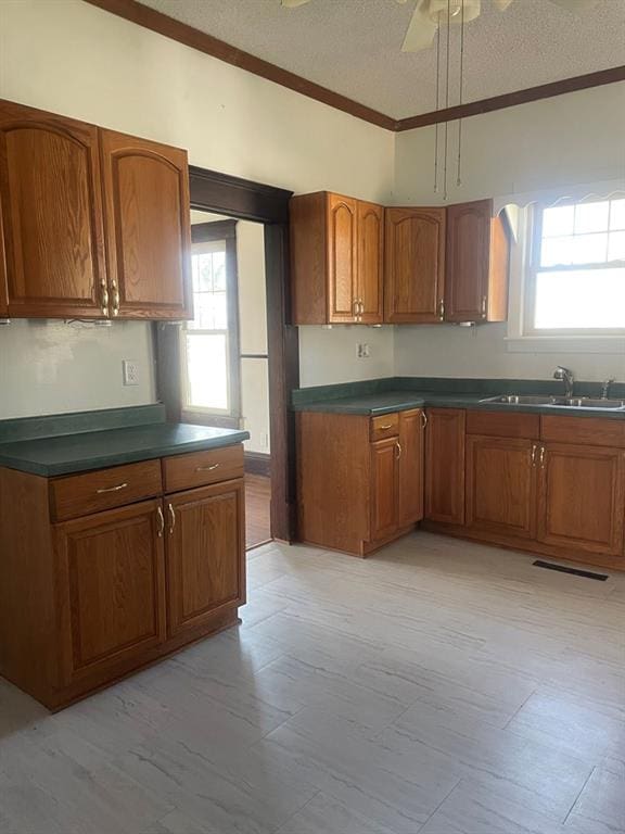 kitchen featuring a textured ceiling, ceiling fan, ornamental molding, and sink