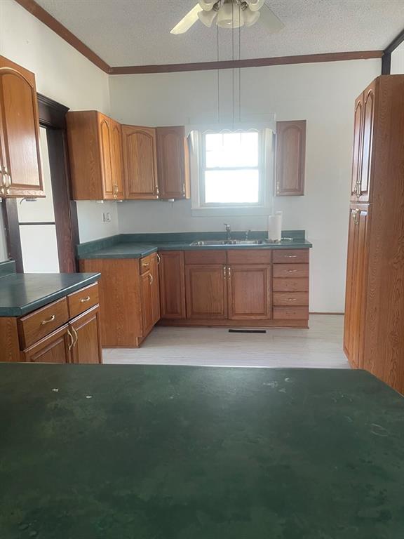 kitchen with a textured ceiling, ceiling fan, ornamental molding, and sink