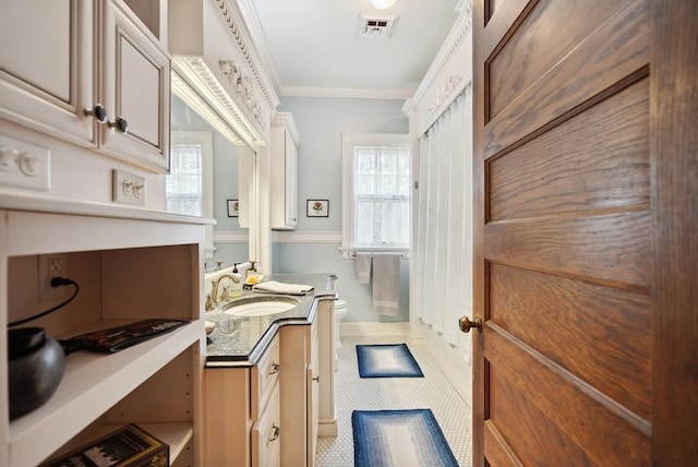 interior space featuring a healthy amount of sunlight, ornamental molding, and sink