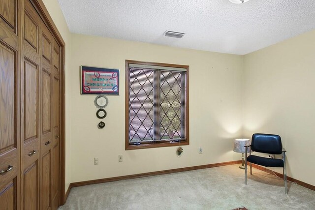 sitting room with light colored carpet and a textured ceiling