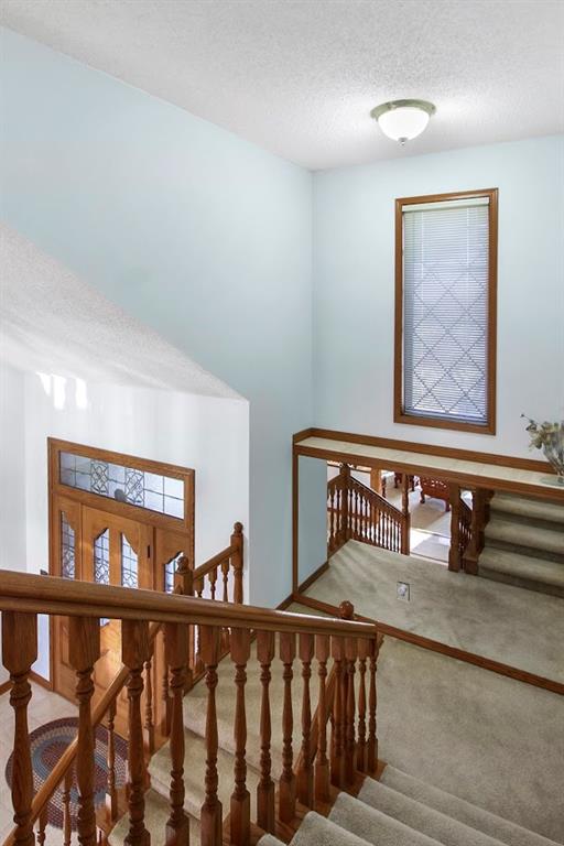 staircase featuring a textured ceiling and carpet