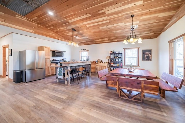 dining room featuring high vaulted ceiling, wooden ceiling, a chandelier, and light wood-type flooring