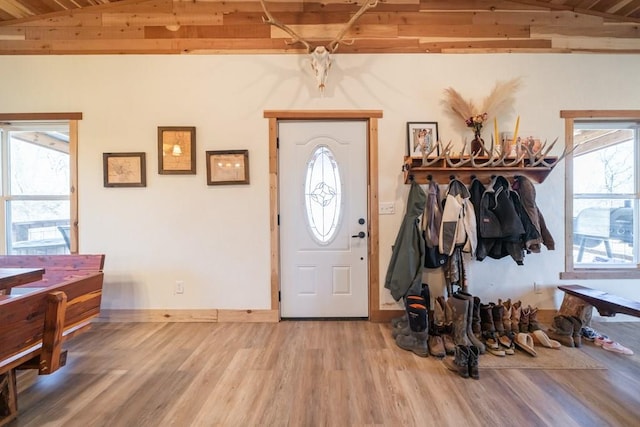 foyer entrance featuring a wealth of natural light, vaulted ceiling, and hardwood / wood-style floors