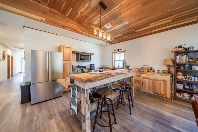 kitchen with butcher block counters, appliances with stainless steel finishes, wood-type flooring, and wooden ceiling