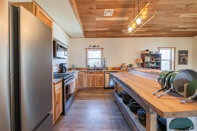 kitchen featuring stainless steel appliances, dark hardwood / wood-style flooring, wood counters, a wealth of natural light, and wooden ceiling