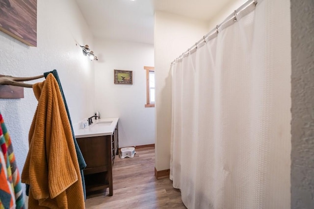 bathroom featuring hardwood / wood-style flooring and vanity