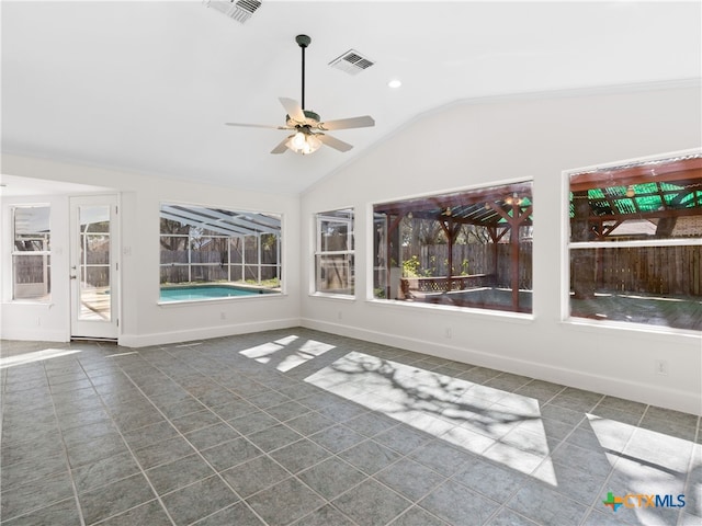 unfurnished sunroom with lofted ceiling, visible vents, and ceiling fan