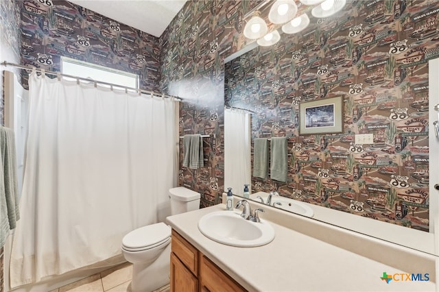8302 Dove Valley Cv, Austin, TX 78729 - bathroom featuring toilet, tile patterned flooring, wallpapered walls, vanity, and curtained shower