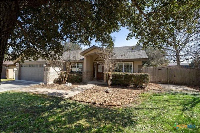 ranch-style house featuring fence, an attached garage, stucco siding, concrete driveway, and stone siding