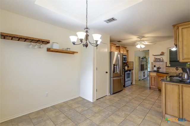 408 Sterling Manor Ct, Temple, TX 76502 - kitchen with appliances with stainless steel finishes, dark countertops, open shelves, decorative backsplash, and a chandelier