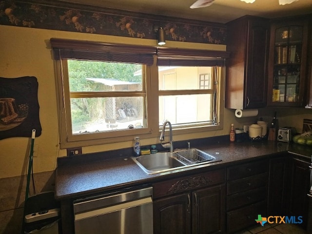 263 E Garden St, New Braunfels, TX 78130 - kitchen with a sink, dark countertops, stainless steel dishwasher, glass insert cabinets, and dark brown cabinetry