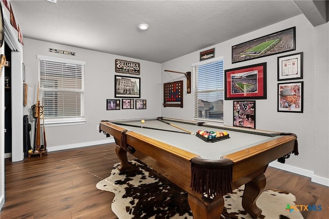 rec room featuring billiards, dark wood-style floors, and baseboards