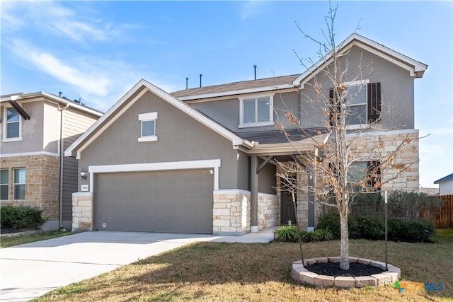 view of front of property with stone siding, stucco siding, concrete driveway, and a front lawn