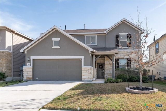 traditional-style house featuring a front lawn, stone siding, driveway, and stucco siding