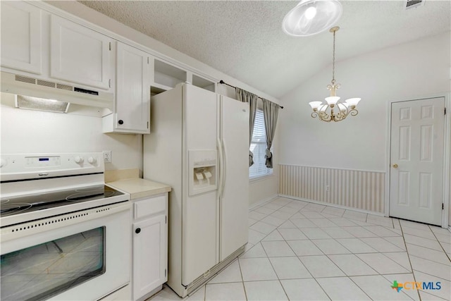 kitchen featuring pendant lighting, white cabinetry, and white appliances