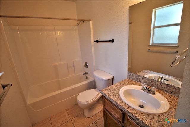 full bathroom with toilet, vanity, shower / bathtub combination, and tile patterned floors