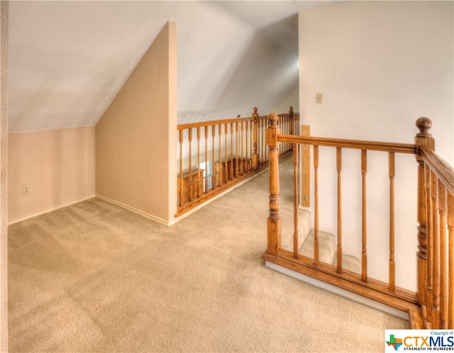 additional living space with vaulted ceiling and light carpet