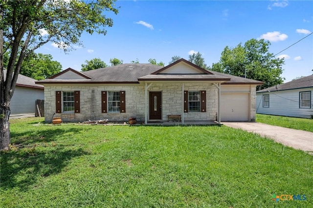 1503 Prather St, Taylor, TX 76574 - ranch-style house with a garage, a front lawn, driveway, and stone siding