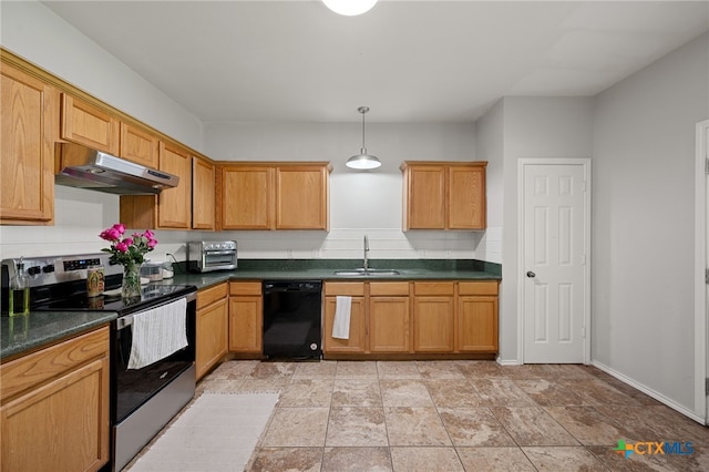 1503 Prather St, Taylor, TX 76574 - kitchen with stainless steel electric stove, dishwasher, under cabinet range hood, dark countertops, and hanging light fixtures