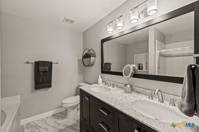 2075 Sungate Dr, New Braunfels, TX 78130 - bathroom with a stall shower, double vanity, a garden tub, and marble finish flooring