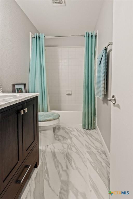 2075 Sungate Dr, New Braunfels, TX 78130 - full bath featuring shower / tub combo, marble look tile flooring, and vanity