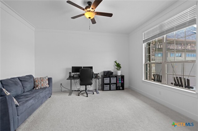 carpeted office space featuring ornamental molding and ceiling fan