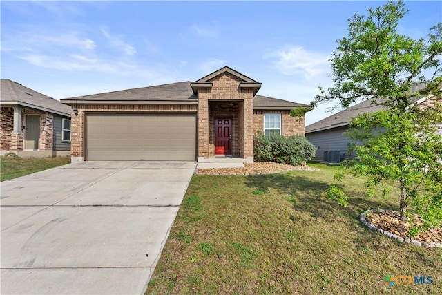 1032 Sandwell Ct, Seguin, TX 78155 - view of front of house featuring a garage, concrete driveway, a front yard, brick siding, and roof with shingles