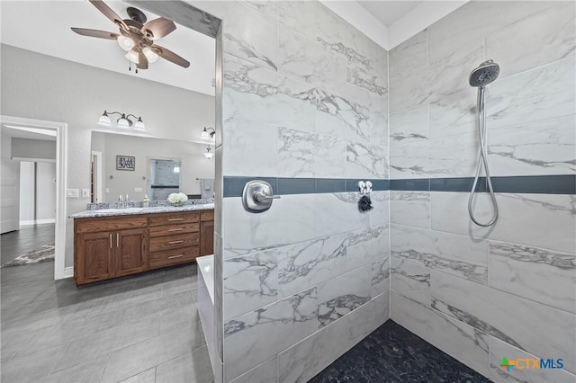 3631 Morgan Mill Rd, Kempner, TX 76539 - full bathroom featuring double vanity, a walk in shower, and ceiling fan