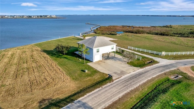 aerial view featuring a water view and a rural view