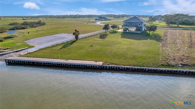 aerial view featuring a water view and a rural view