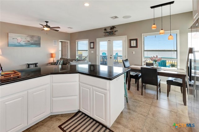 314 Windswept Dr, Port Lavaca, TX 77979 - kitchen with dark countertops, a ceiling fan, healthy amount of natural light, and pendant lighting