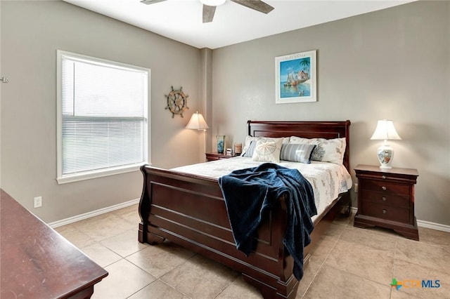 bedroom featuring ceiling fan and light tile patterned floors