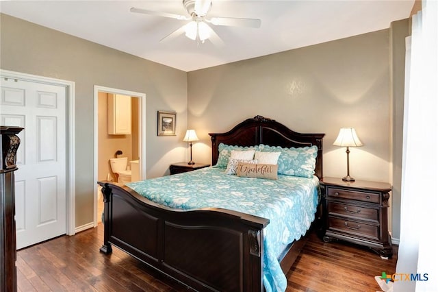 bedroom with dark hardwood / wood-style floors, ensuite bath, and ceiling fan