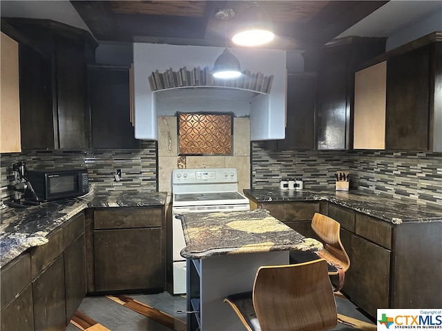 kitchen with tasteful backsplash, white electric stove, and dark stone counters