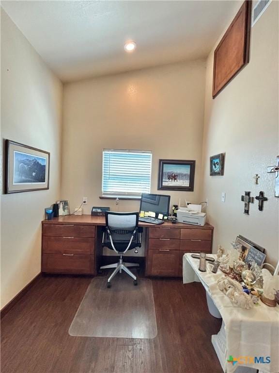 174 Riley Ln, Port Oconnor, TX 77982 - home office with dark wood finished floors, recessed lighting, and baseboards