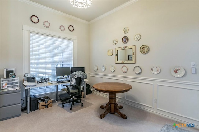 carpeted home office with ornamental molding