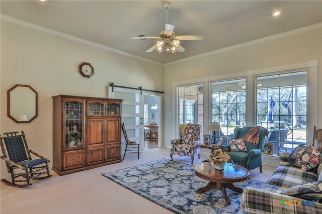 carpeted living room featuring ceiling fan, ornamental molding, and a barn door