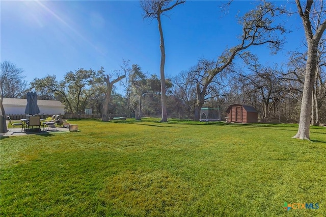 view of yard featuring a trampoline, a patio, and a shed