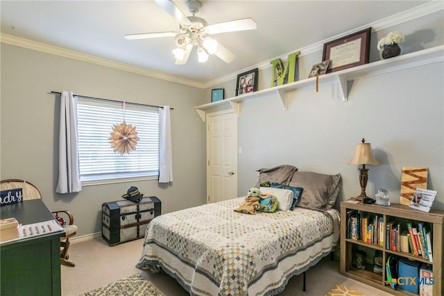 carpeted bedroom with crown molding and ceiling fan